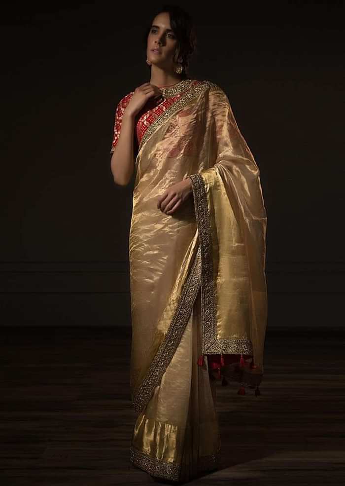Golden Sheer Saree In Silk With Embroidered Border Online - Kalki Fashion