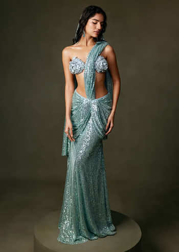 <p>Blue Sequin Pre-draped Saree</p>