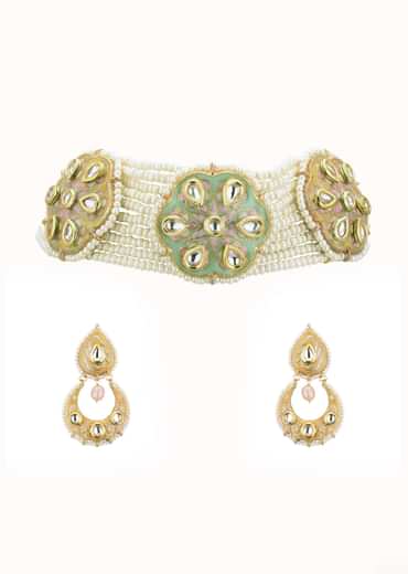 White Gold-Finish Bead Choker Set With Pearls In Mix Metal