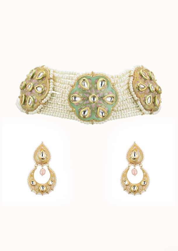 White Gold-Finish Bead Choker Set With Pearls In Mix Metal