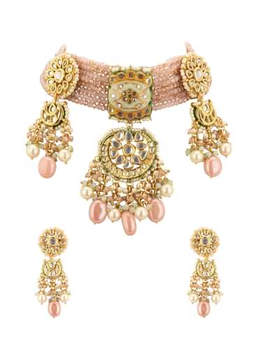 Gold-Finish Kundan Choker Necklace Set With Multicolor Meenakari Work In Mix Metal