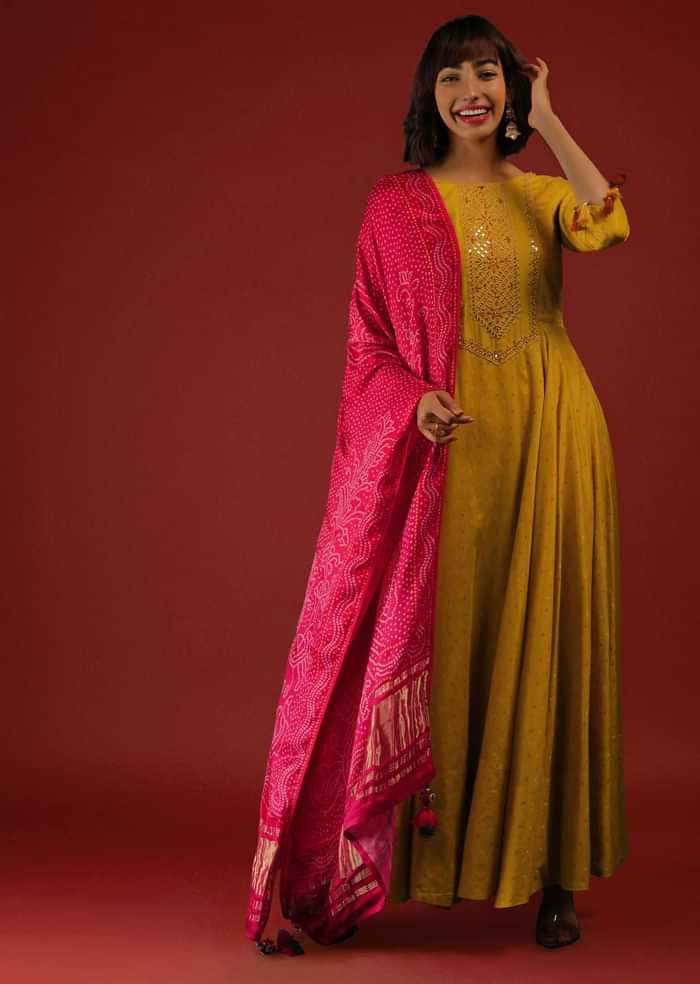 Mustard Anarkali Suit In Brocade Silk With Mirror Embroidery And Red Bandhani Dupatta
