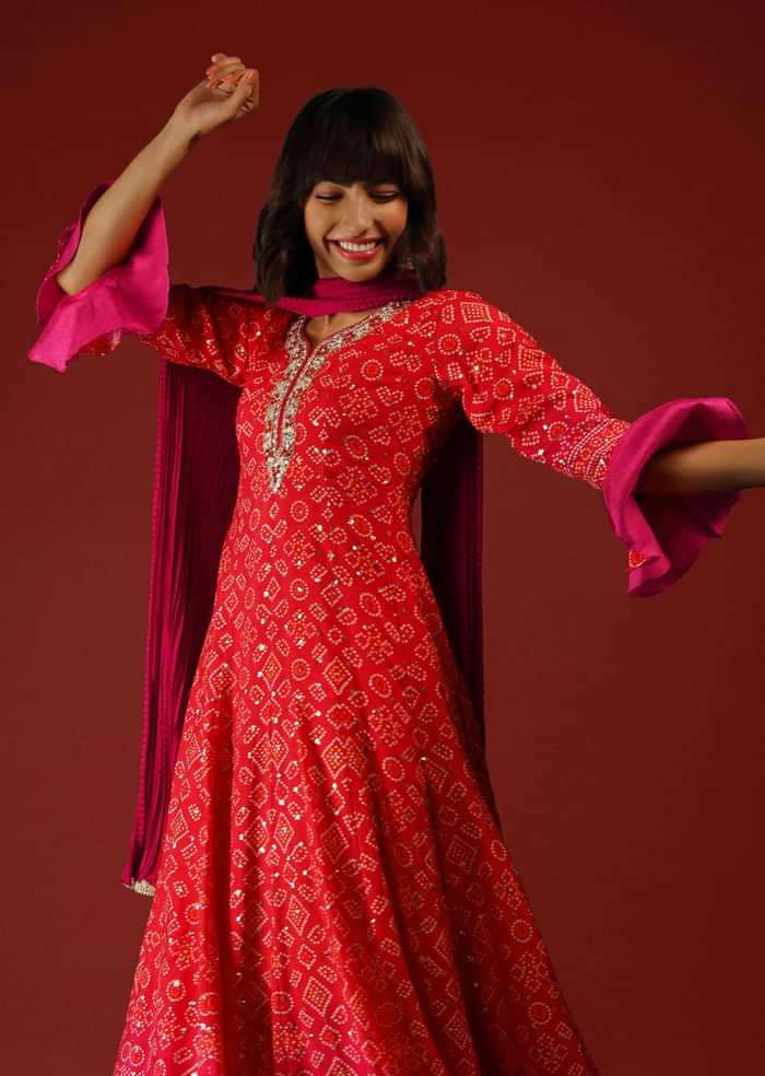 Red And Rani Pink Shaded Anarkali Suit With Ruffle Sleeves Bandhani Print