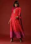 Red And Rani Pink Shaded Anarkali Suit With Ruffle Sleeves Bandhani Print