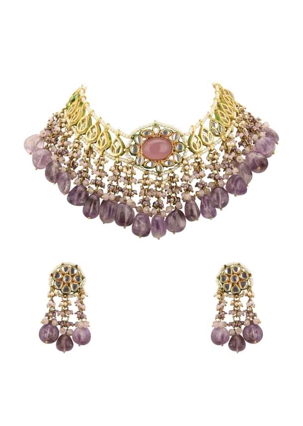 Voilet Toned Gold-Finish Kundan Choker Necklace Set With Colourful Meenakari Work In Mix Metal Voilet Toned Gold-Finish Kundan Choker Necklace Set With Colourful Meenakari Work In Mix Metal