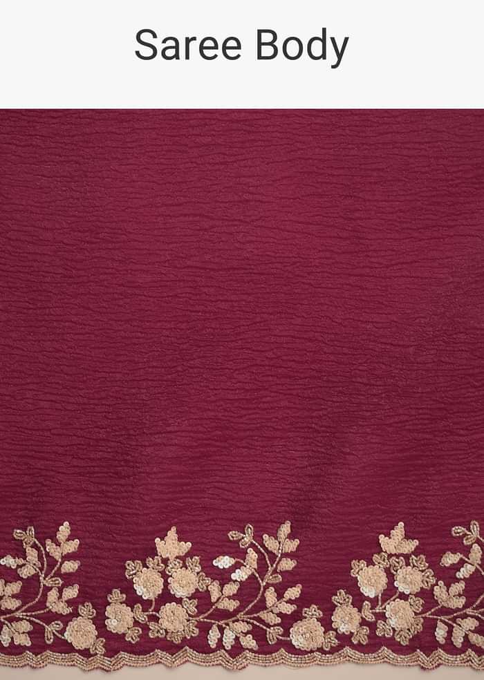 Wine Tissue Saree With Sequin And Cutdana Border And Unstitched Blouse