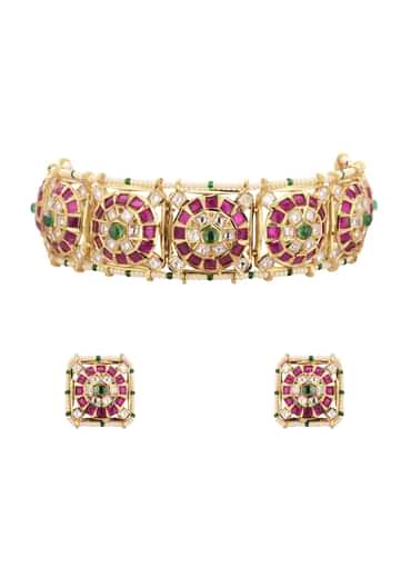 Gold-Finish Jadau Kundan Choker Set With Red-Green Stones And Elegant Studs In Mix Metal