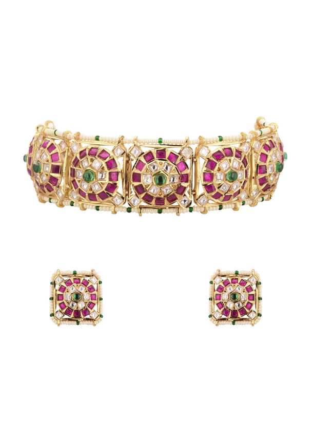 Gold-Finish Jadau Kundan Choker Set With Red-Green Stones And Elegant Studs In Mix Metal