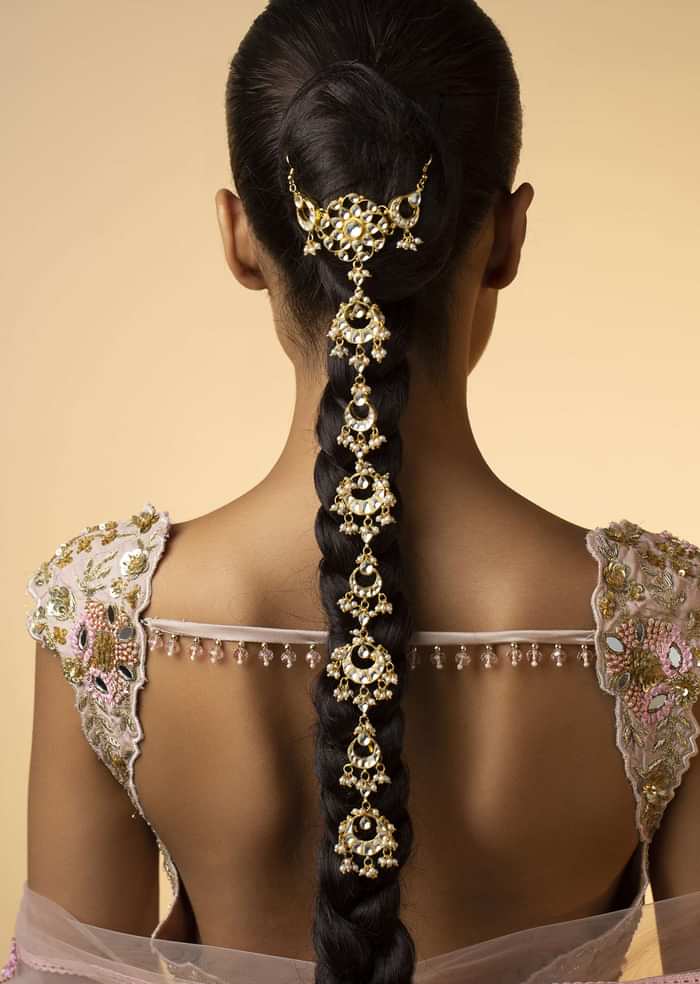 22K Gold Plated Kundan Braid Pin In Silver Alloy
