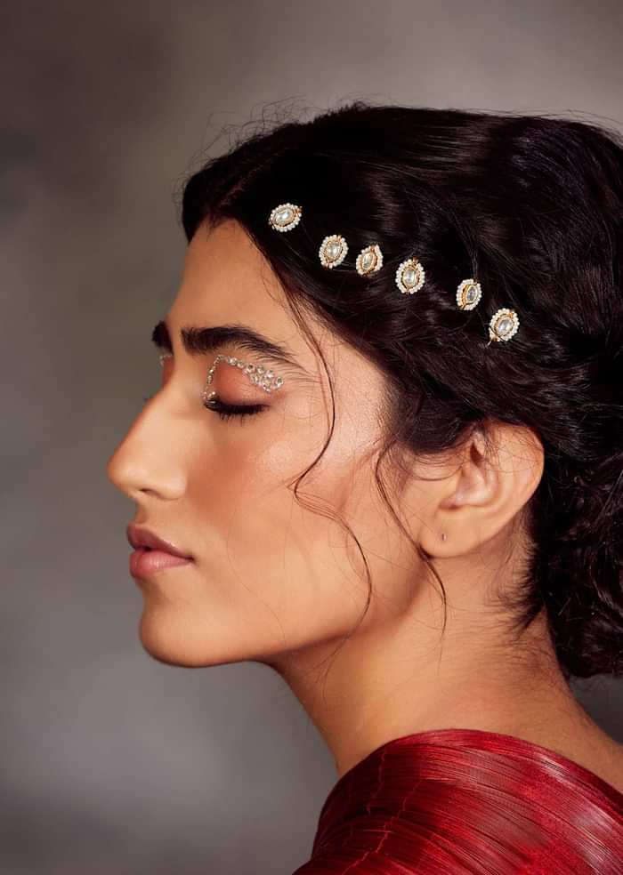 22k Gold Plated Kundan Braid Pins In Silver Alloy