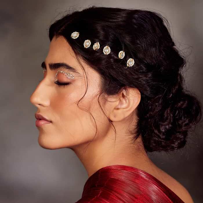 22k Gold Plated Kundan Braid Pins In Silver Alloy