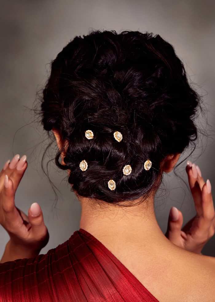 22k Gold Plated Kundan Braid Pins In Silver Alloy