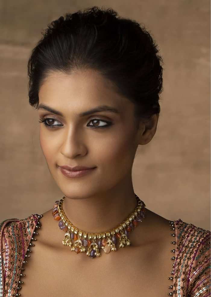 22K Gold Plated Kundan Necklace With Natural Stones