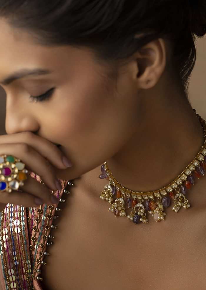 22K Gold Plated Kundan Necklace With Natural Stones