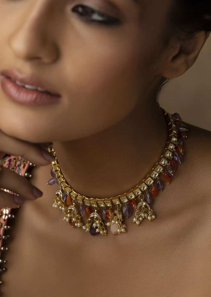 22K Gold Plated Kundan Necklace With Natural Stones