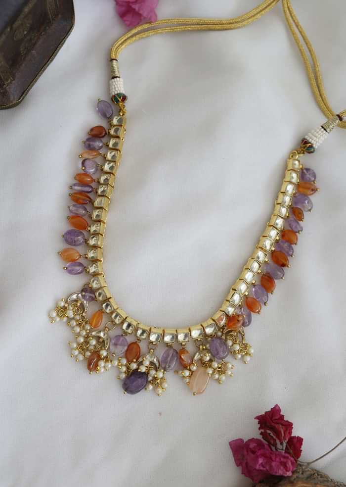 22K Gold Plated Kundan Necklace With Natural Stones