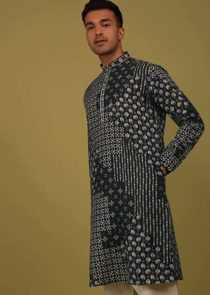 Charcoal Black Printed Linen Kurta