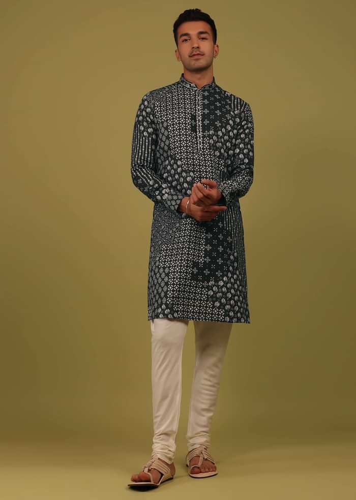 Charcoal Black Printed Linen Kurta