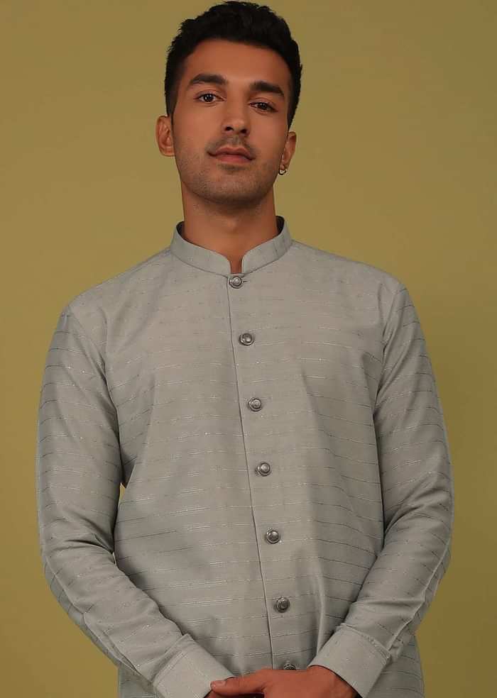 Cloud Grey Striped Art Silk Kurta