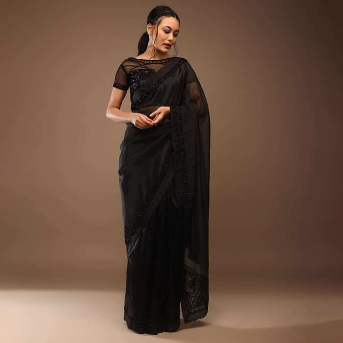 Black Organza Saree With Cut Dana Embroidery, Crafted In Tissue Organza