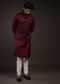 Wine Nehru Jacket Set In Raw Silk With Resham And Mirror Embroidered Geometric Jaal And Aligarh Pants