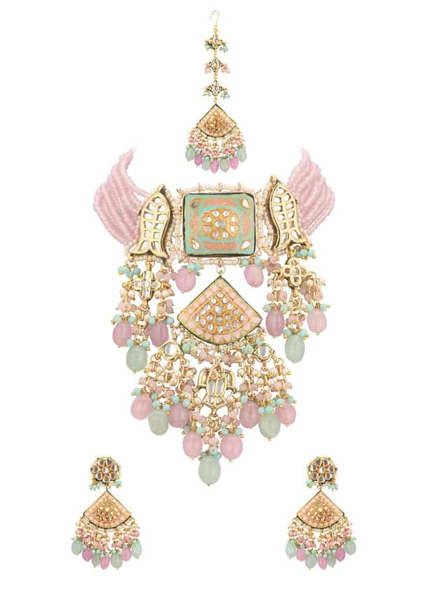 Multicolor Gold-Finish Kundan Choker Necklace Set With Colourful Meenakari Work And Stones In Mix Metal Multicolor Gold-Finish Kundan Choker Necklace Set With Colourful Meenakari Work And Stones In Mix Metal
