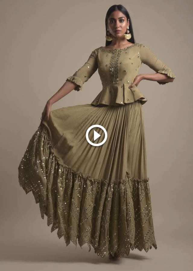 Moss Green Skirt And Peplum Top With Mirror Abla Embroidery And Zigzag Cut Hem