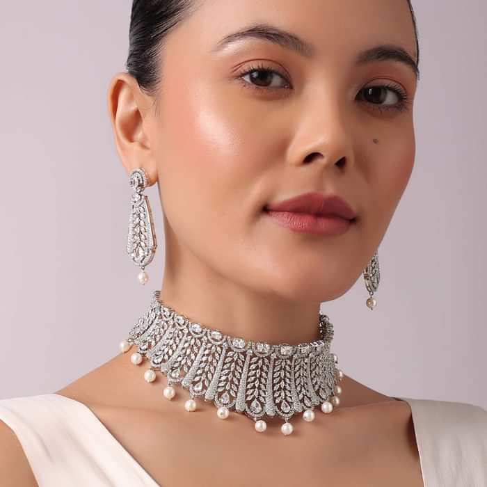 92.5 Sterling Silver Choker Set with Faux Diamonds And Pearl Drops