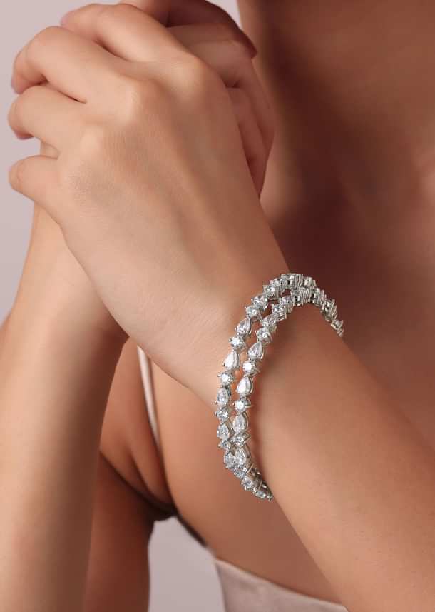 92.5 Sterling Silver Bangles With Zirconia Stones Set of 2