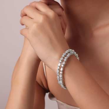 92.5 Sterling Silver Bangles With Zirconia Stones Set of 2