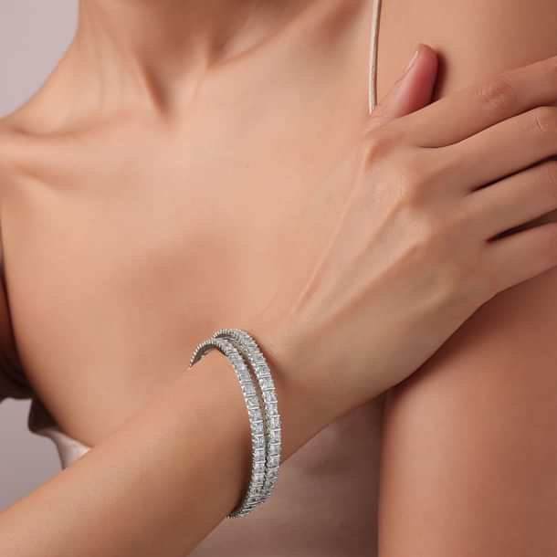 92.5 Sterling Silver Finish Zirconia Bangles Set of 2