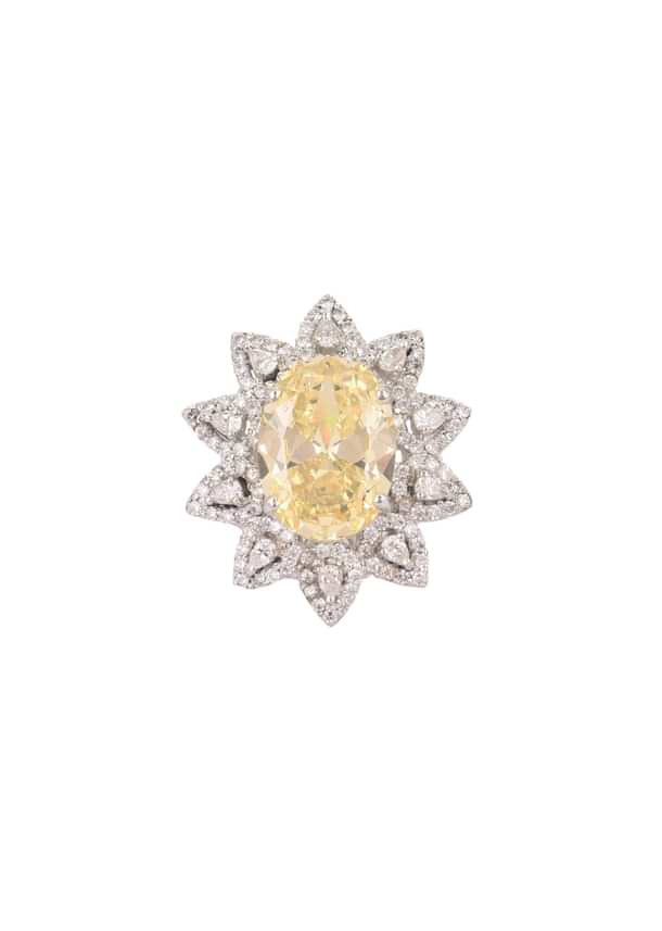 92.5 Sterling Silver Ring Embedded with Yellow Stone And Faux Diamonds