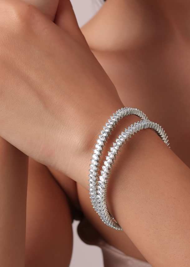 92.5 Sterling Silver White Zirconia Bangles Set of 2
