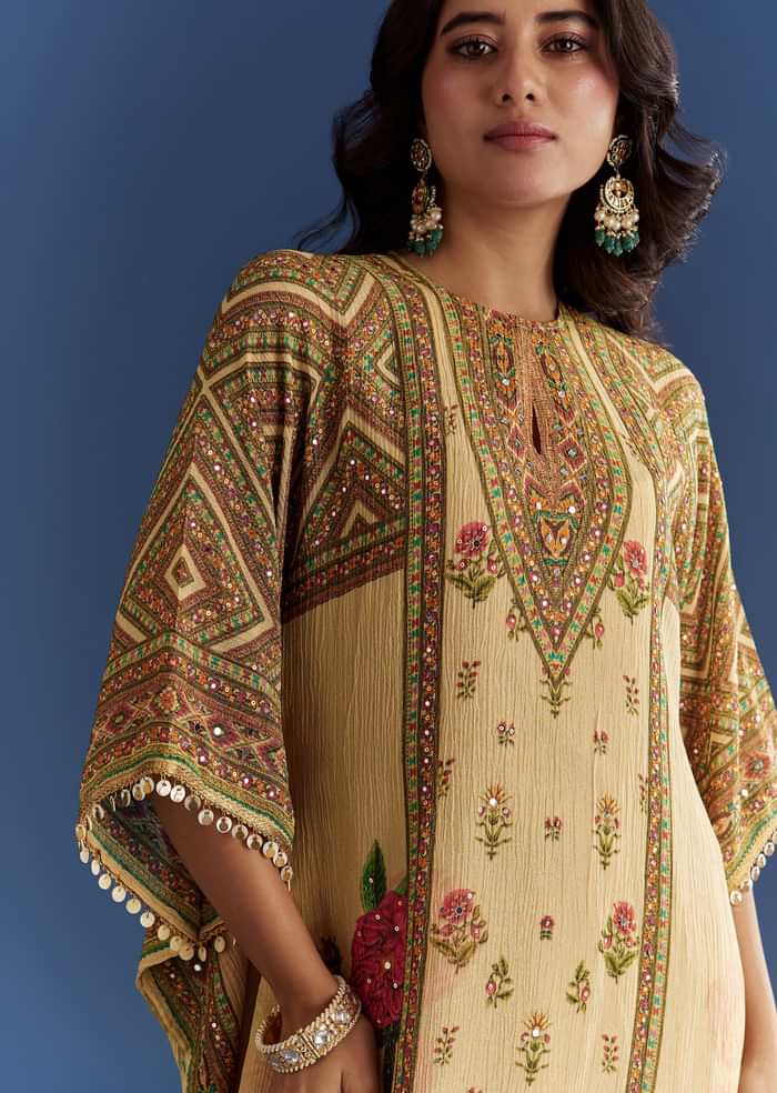 Beige Crush Tissue Floral Printed Kaftaan Sharara With Mirror Sequins Work