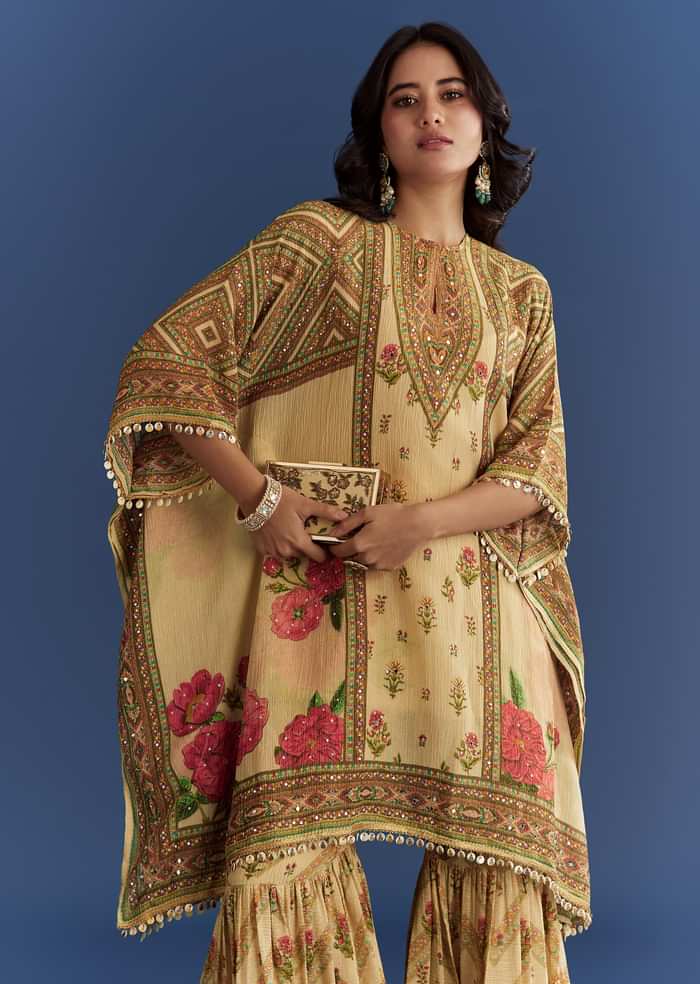 Beige Crush Tissue Floral Printed Kaftaan Sharara With Mirror Sequins Work