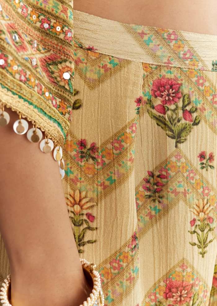 Beige Crush Tissue Floral Printed Kaftaan Sharara With Mirror Sequins Work
