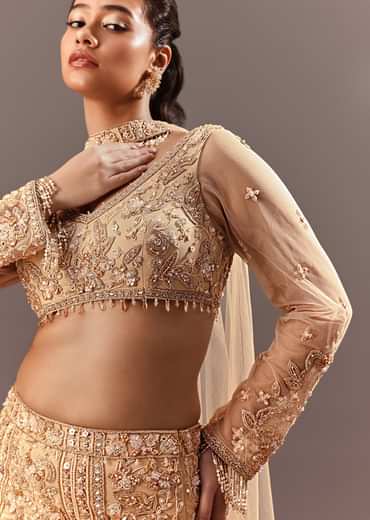 Beige Fish Cut Lehenga With Embroidered Yoke Blouse And Choker Dupatta