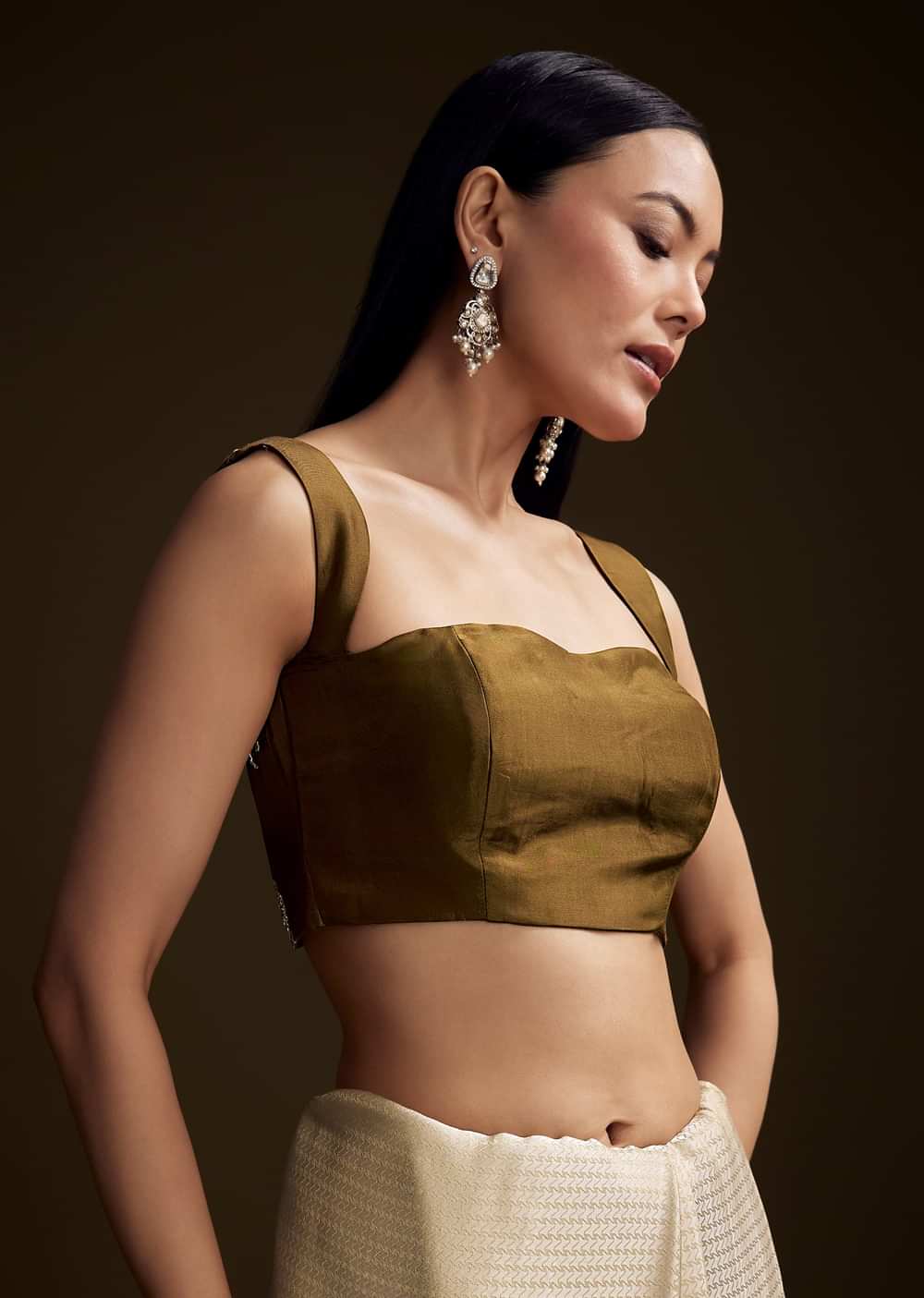 Beige Jacquard Saree With Zardosi And Mirror Embroidery