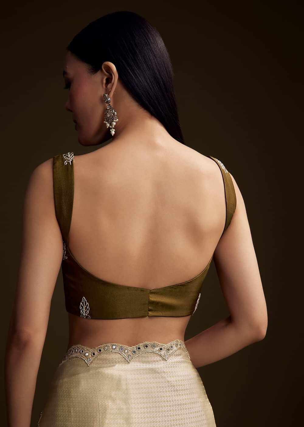 Beige Jacquard Saree With Zardosi And Mirror Embroidery