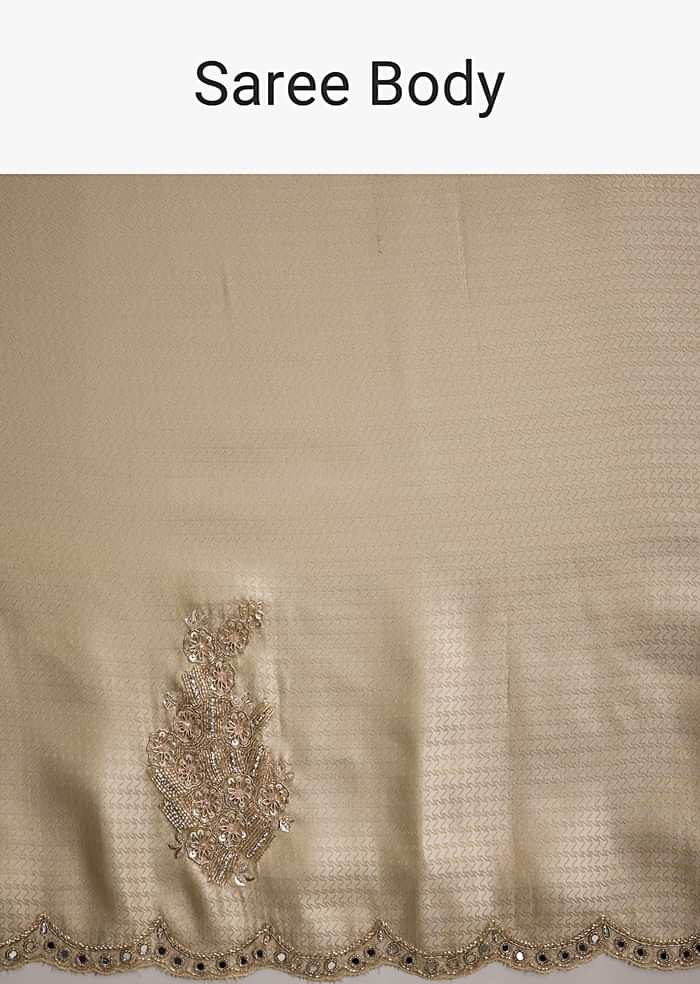 Beige Jacquard Saree With Zardosi And Mirror Embroidery