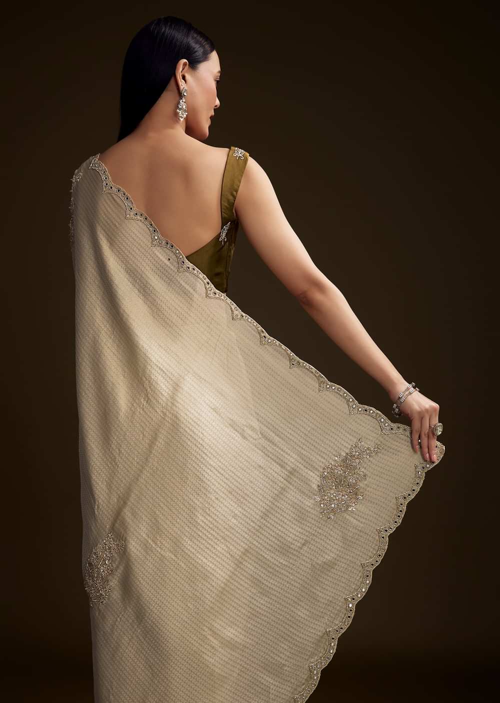 Beige Jacquard Saree With Zardosi And Mirror Embroidery