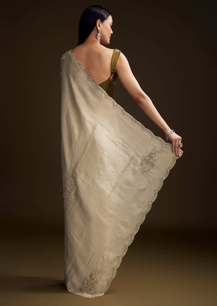 Beige Jacquard Saree With Zardosi And Mirror Embroidery