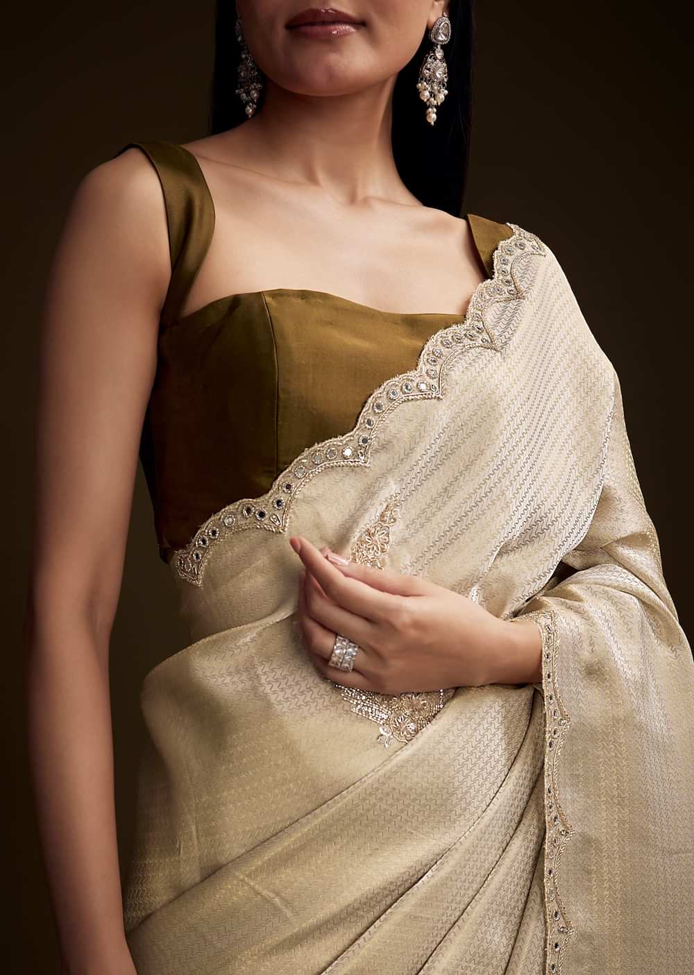 Beige Jacquard Saree With Zardosi And Mirror Embroidery