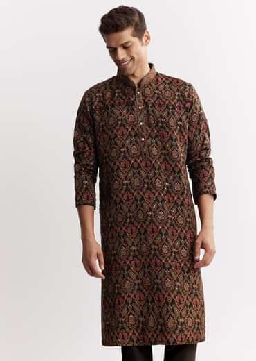 Black Chanderi Printed Kurta Set With Mandarin Collar