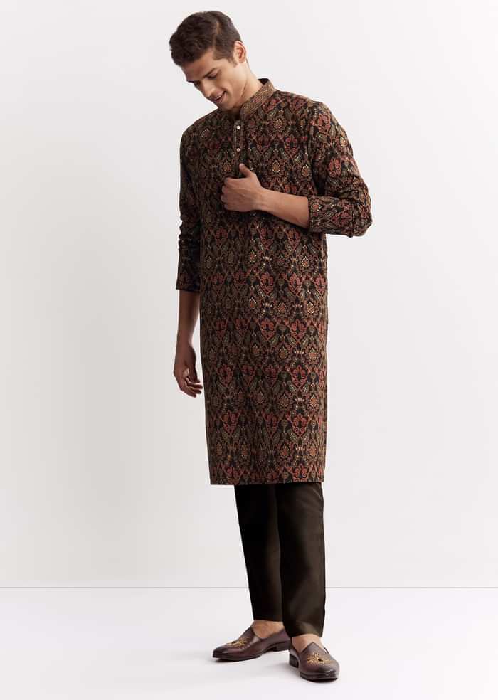 Black Chanderi Printed Kurta Set With Mandarin Collar