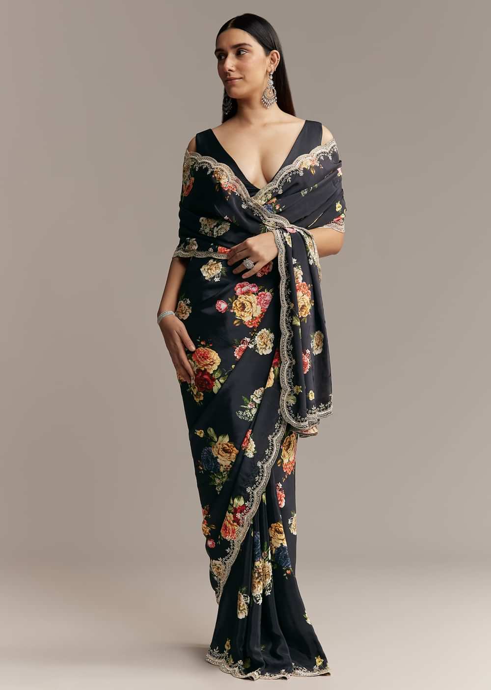 Black Crepe Saree With Floral Digital Print And Sequin Border