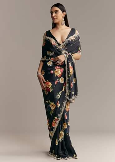 Black Crepe Saree With Floral Digital Print And Sequin Border