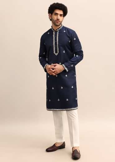 Blue Abla Work Kurta Set For Men