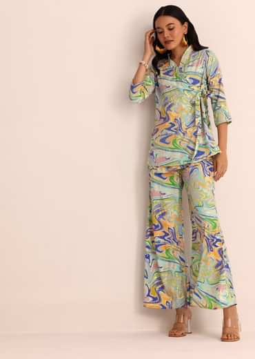 Blue Abstract Printed Satin Top And Palazzo