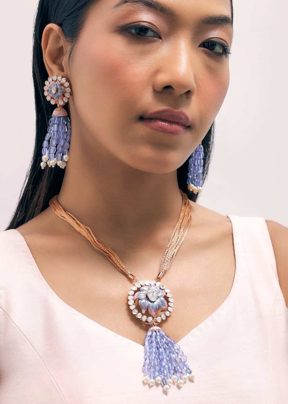 Blue And Rose Gold Finish Necklace Set With Enamel Work